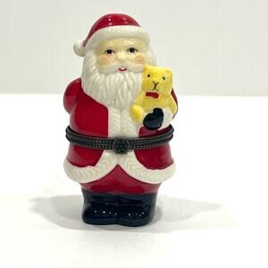 Santa Holding Teddy Bear Hinged Trinket Box Christmas St Nick Jolly